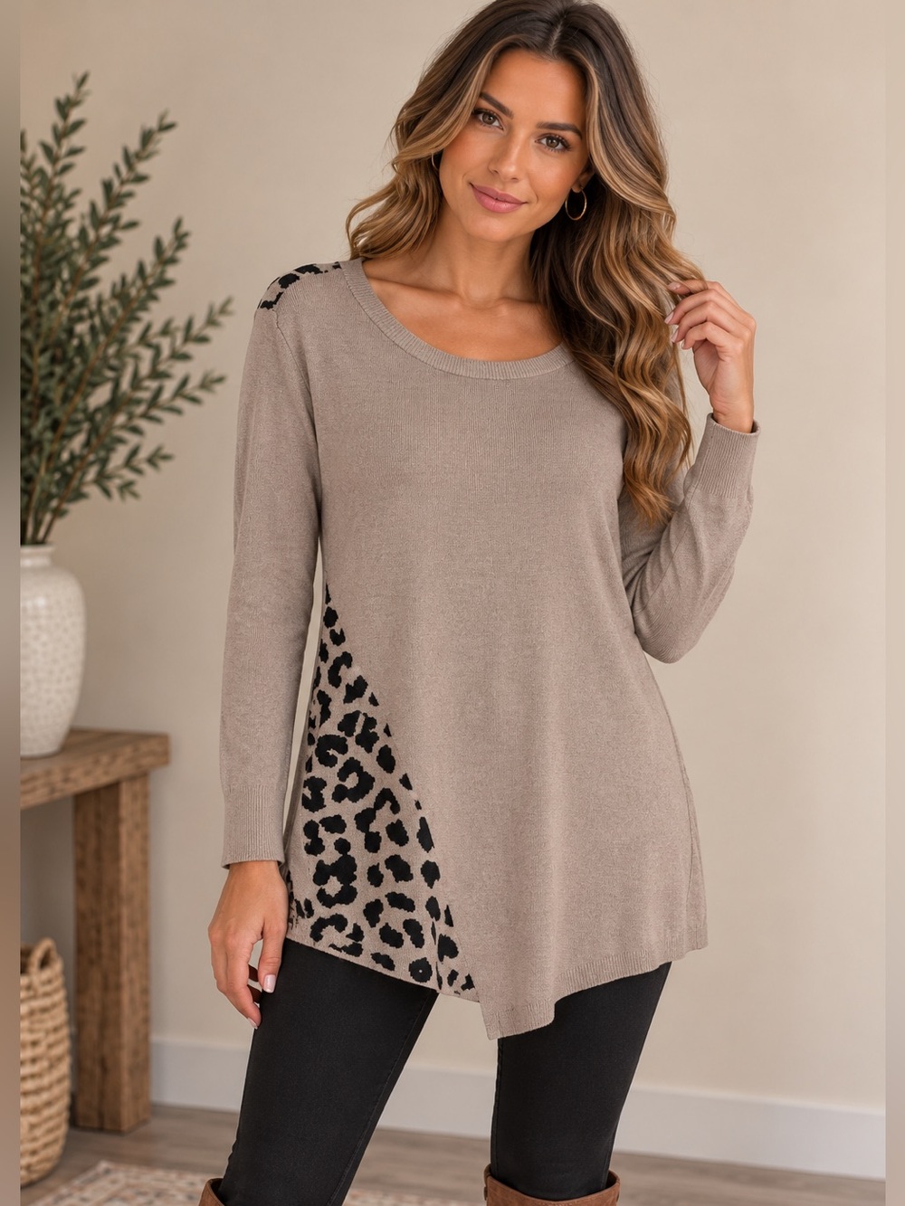 NY&C New York & Company Leopard Print Knit Tunic Sweater Top Long Sleeve